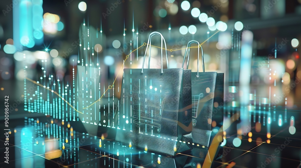 Aufkleber Image of financial data processing over shopping bag Global shopping business finance computing and data processing concept digitally generated image : Generative AI