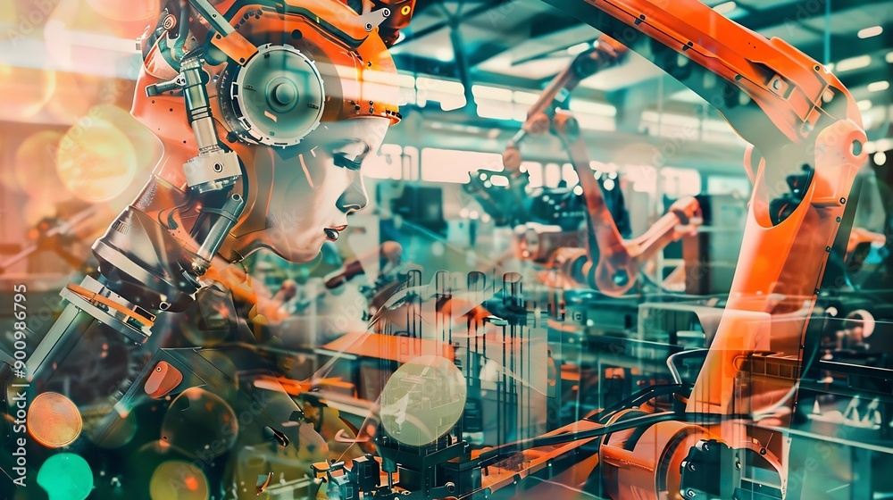 Fototapete MLB Mechanized industry robot arm and factory worker double exposure Concept of robotics technology for industrial revolution and automated manufacturing process : Generative AI