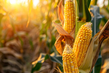 Close-up photograph of corn cobs in cornfield
