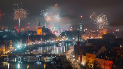 New Year fireworks display over the main town of Gdansk Poland : Generative AI