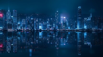 Fototapeta premium Cityscape of Hong Kong city skyline at night over Victoria Harbor with reflecting in harbour Cyberpunk color style : Generative AI