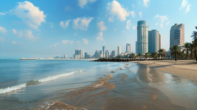 View of Jeddah skyscrapers from the public beach : Generative AI