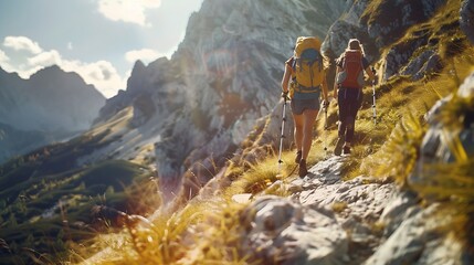 People hiking outdoors on a sunny summer day : Generative AI