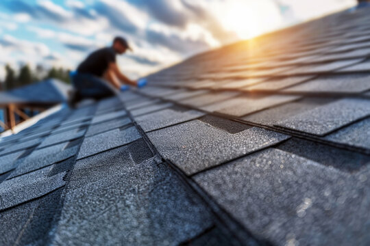 Roofer worker in special protective work wear and gloves, installing asphalt or bitumen shingle on top of the new roof under construction residential building
