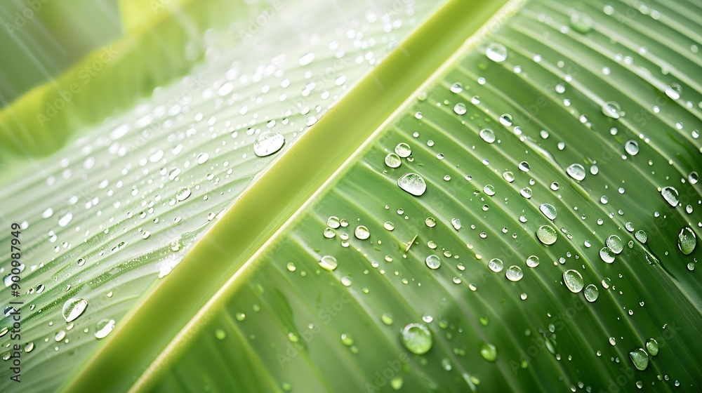 Poster closeup of green banana leaf background with details of a leafcovered in water droplets macro vibran