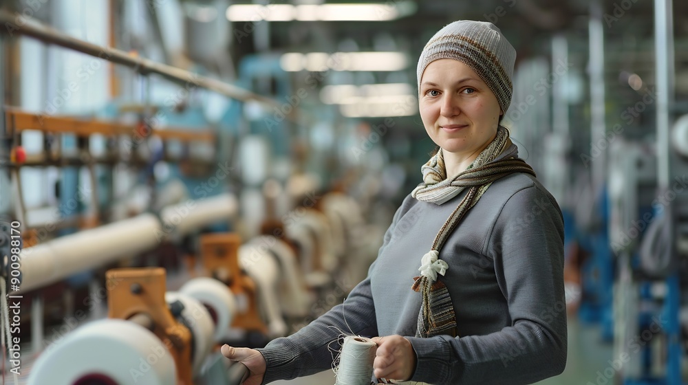 Aufkleber Portrait of experienced worker in textile factory holding thread spool and standing by industrial knitting machine : Generative AI