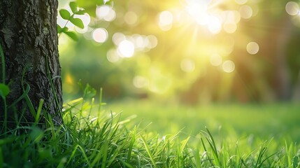 Obraz premium Blur background of sunlight shining though the tree with grass field Soft light nature photography Peaceful nature and solitude concept Design for relaxation and meditation spaces Clea : Generative AI