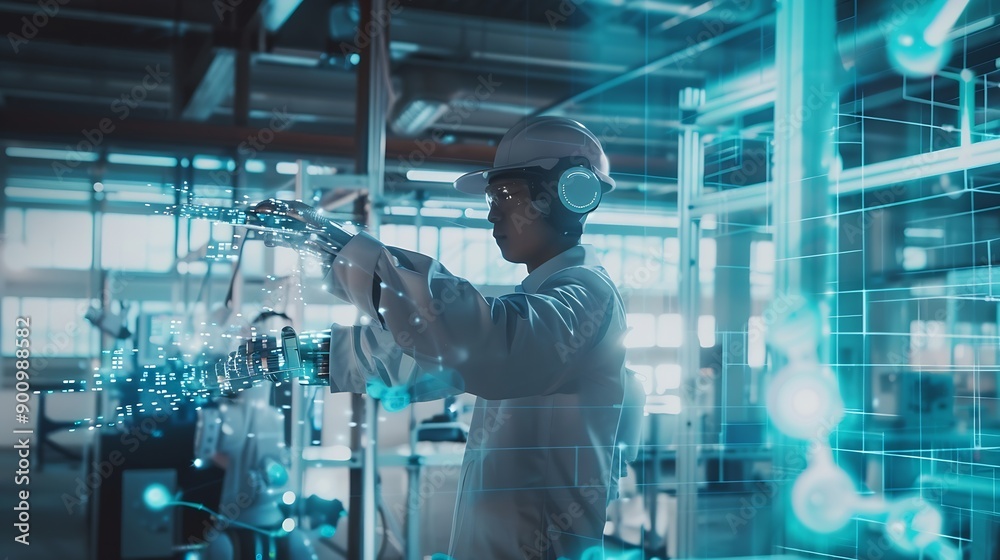 Poster Industry 40 Engineer use monitoring system software and record data of ai robotics automatic arms machine working on network in intelligent factory Ai Machine learning Digital manufact : Generative AI