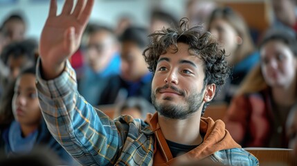 Engaged Learner: A young man raises his hand, eager to participate in a lively classroom discussion, embodying the spirit of active learning.
