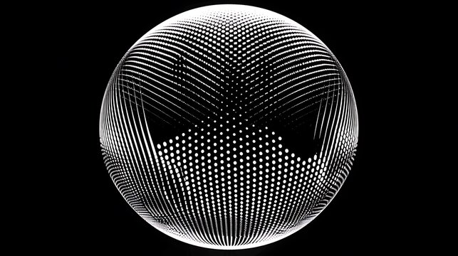 White Sphere rendered in 3d with intricate lines and dot patterns, it stands out against a black background. It conveys a sense of futuristic style and abstract concepts.