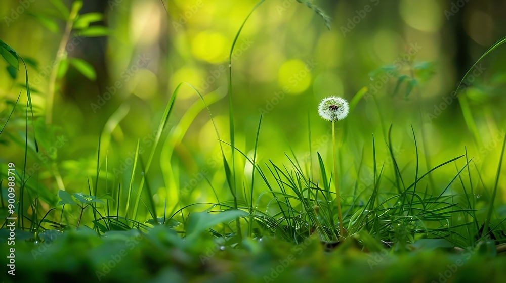 Aufkleber White dandelion in a green grass on a forest meadow Macro image shallow depth of field Abstract summer nature background : Generative AI