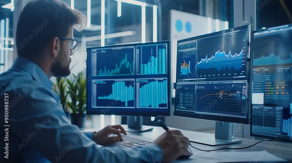 Fototapete Businessman working with data management system on computer to make report with KPI and metrics connected to database finance operations sales marketing KPI business performance indica : Generative AI