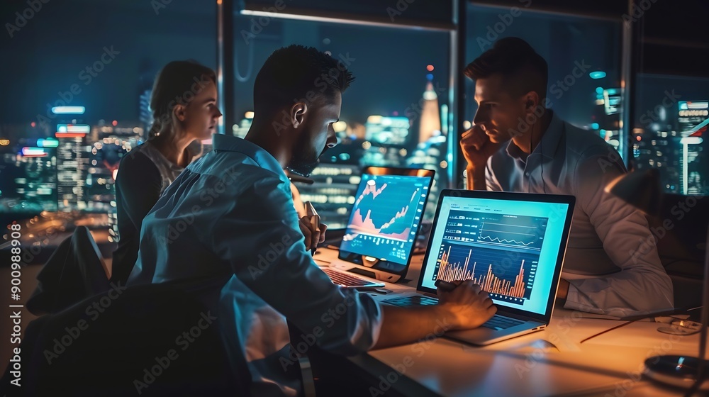 Poster team laptop and business people in office at night with stock market charts for corporate investment