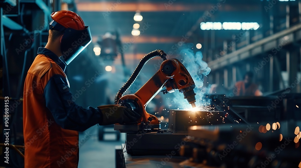 Poster Engineers team mechanic using computer controller Robotic arm for welding steel in steel factory workshop Industry robot programming software for automated manufacturing technology : Generative AI