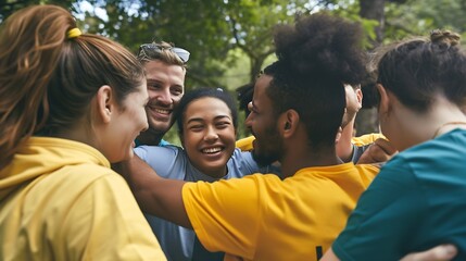 Huddle excited and group of people outdoor with collaboration teamwork and solidarity for charity work Hug smile and volunteer or ngo in park with cooperation community and together fo : Generative AI