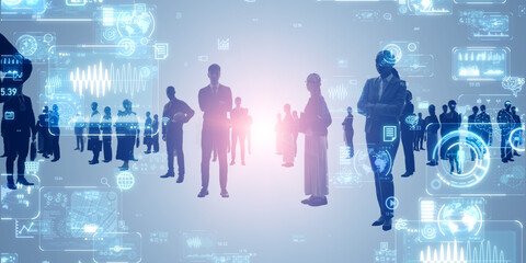 Multinational business people and digital technology concept. Wide angle visual for banners or advertisements.