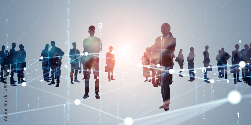 Poster multinational business people and communication network concept. wide angle visual for banners or ad