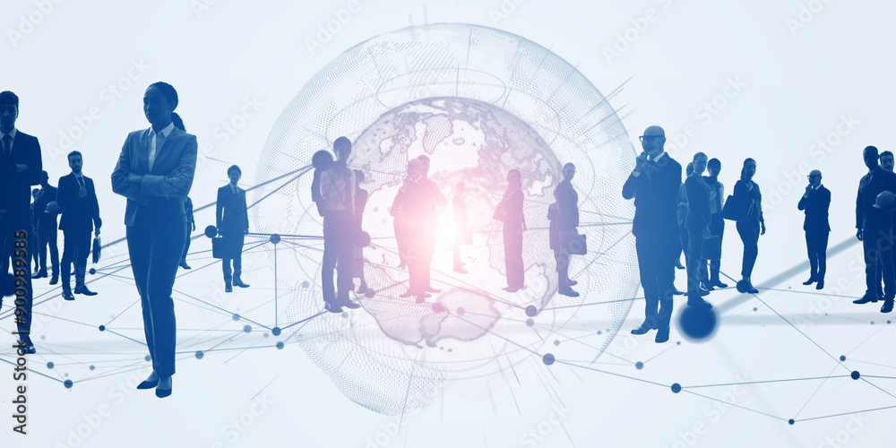 Poster multinational business people and global communication network concept. wide angle visual for banner