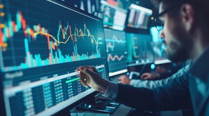 Colleagues in corporate setting analyze market data while examining a digital stock chart displayed on a monitor Concept of business entrepreneurship trade market economics finances : Generative AI