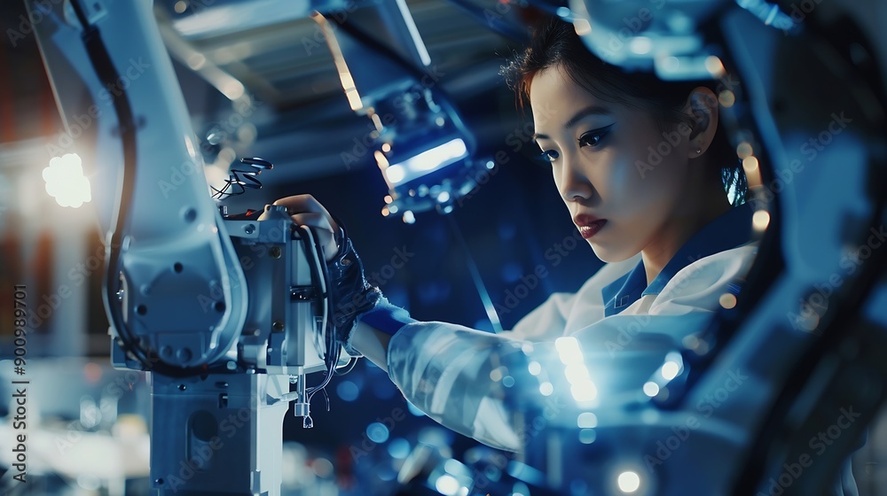 Poster industrial engineer working on robot maintenance in ai futuristic electronic technology factory fema