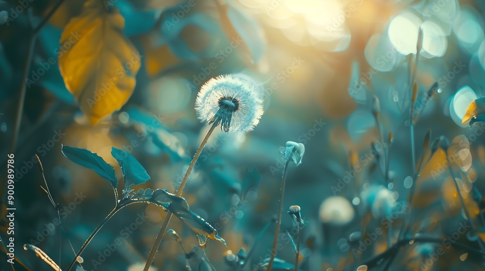 Fototapete White dandelion in a summer forest Macro image shallow depth of field Abstract summer nature background : Generative AI