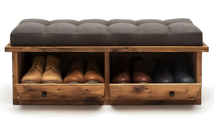 Naklejka premium Wooden bench with two drawers and a pair of shoes neatly placed underneath.