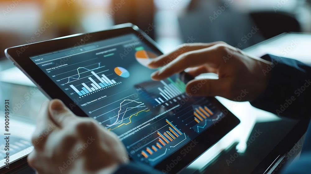 Poster Business 2025 analytics tools charts and graphs with statistics to analyze business potential and forecast future development of companies growth Businessman using a tablet : Generative AI