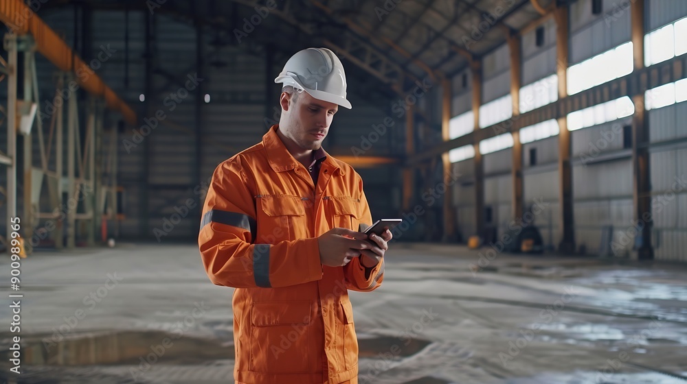 Fototapete Man builder Architect of industrial buildings Construction engineer stands in empty hangar Architect uses internet on his phone Builder of industrial buildings Man engineer in work uni : Generative AI