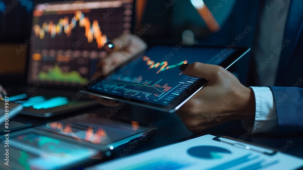 Poster business finance and investment data analysis businessman using tablet analyzing financial graph gro