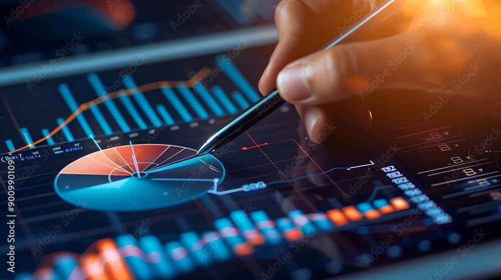 Leinwandbilder chart graph finance stock analysis financial digital growth investment investor use pen to measuring level bar chart via indicator and pie chart virtual risk management control and str : Generative AI