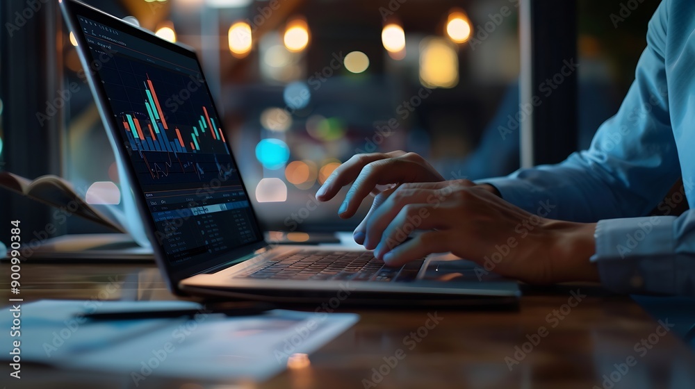 Aufkleber Businessman using laptop computer analyzing sales data and financial report business growth graph chart digital marketing planning and strategy financial report business finance and in : Generative AI