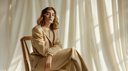 Fototapeta premium A woman in a beige suit sits on a chair against a white backdrop : Generative AI