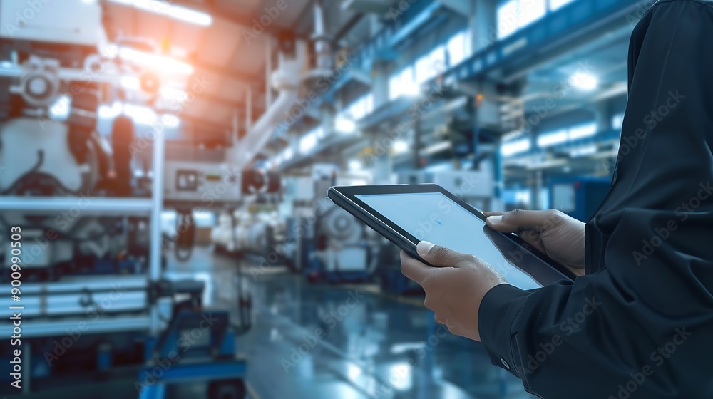 Poster Smart industry control conceptHands holding tablet on blurred automation machine as background : Generative AI