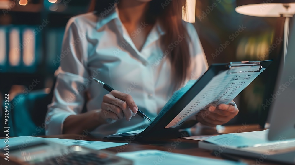 Aufkleber documents business woman and accountant reading report for information financial data or analysis pa