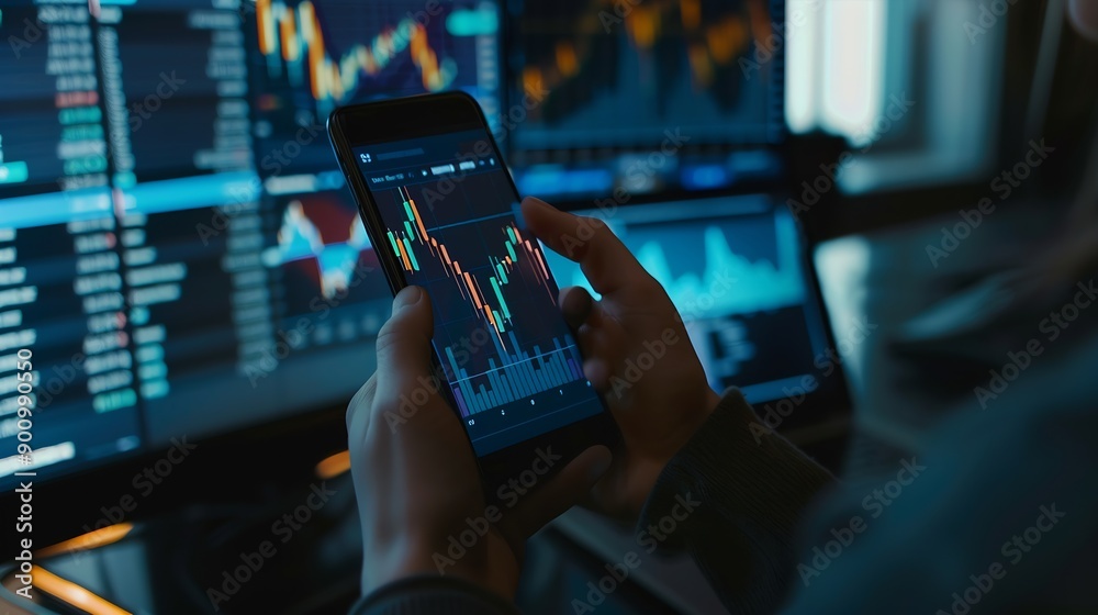 Leinwandbilder focusing on phone with discussing dynamic stock market in two business traders online website compar