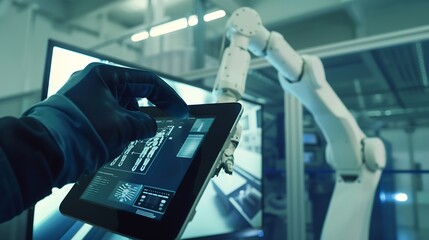 Computer and digital tablet for control of robots in a smart factory Smart industry 40 concept : Generative AI