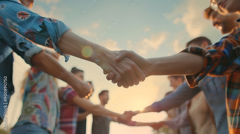 Poster People handshake and team with support outdoor hello or intro with trust deal and community Meeting agreement or thank you with emoji for welcome partnership and networking for small b : Generative AI