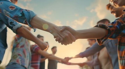 People handshake and team with support outdoor hello or intro with trust deal and community Meeting agreement or thank you with emoji for welcome partnership and networking for small b : Generative AI