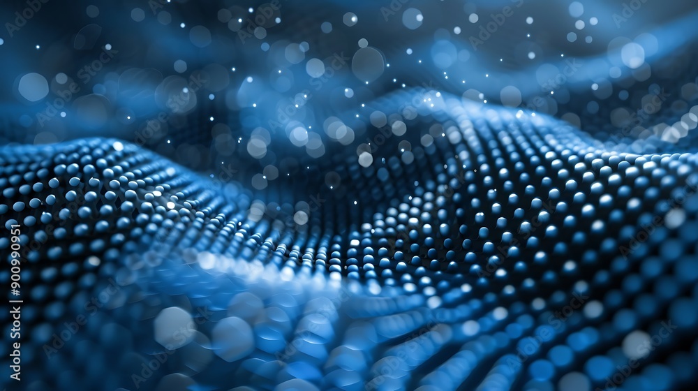 Poster vibrant blue abstract background featuring a wavy pattern of glowing dots creating a dynamic and fut