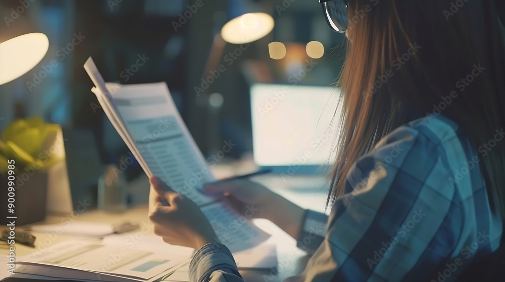 Aufkleber documents business woman and accountant reading report for information financial data or analysis pa
