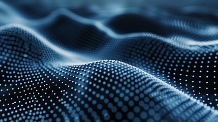 Abstract Showcasing a blue and white dotted pattern, resembling waves or ripples, against a dark background.  It has a futuristic, modern aesthetic and evokes a sense of movement and flow.