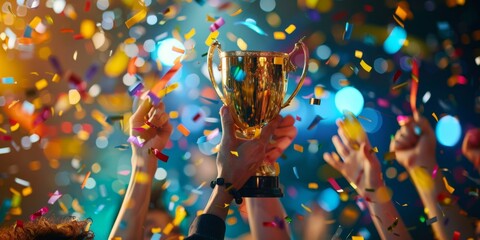 hand raising a golden trophy with confetti and ribbons falling around it