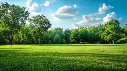 Obraz premium Green tree forest meadow field in city park blue sky Nature green scene background : Generative AI