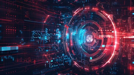 Obraz premium Digital art piece featuring abstract red and blue glowing lines and shapes that form a complex pattern resembling a futuristic circuit board.