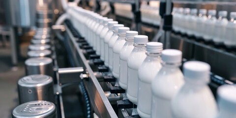 Obraz premium Factory Milk Bottling Line at Dairy Production Plant Glass bottles with a dairy product on a production line, generative ai