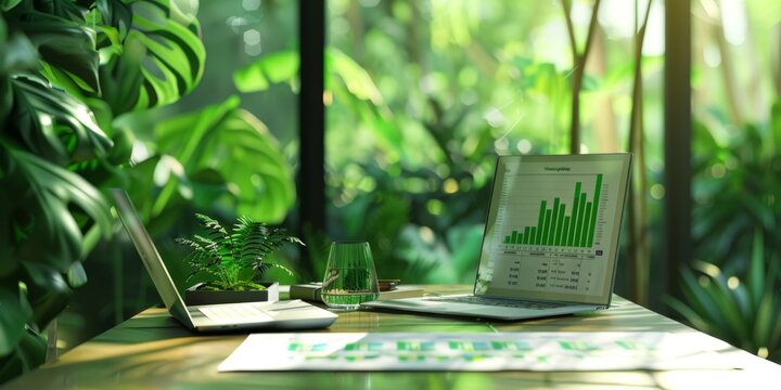 Close-up of a sustainability consultant's desk with sustainability reports and green building plans, illustrating a job in sustainability consulting, generative ai
