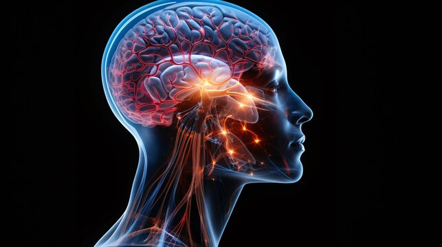 A side profile of a human head with the brain visible and highlighted