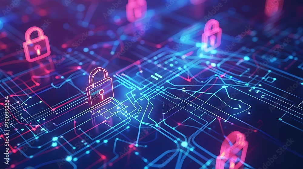Poster abstract illustration depicting a digital network with glowing lock symbols representing secure data