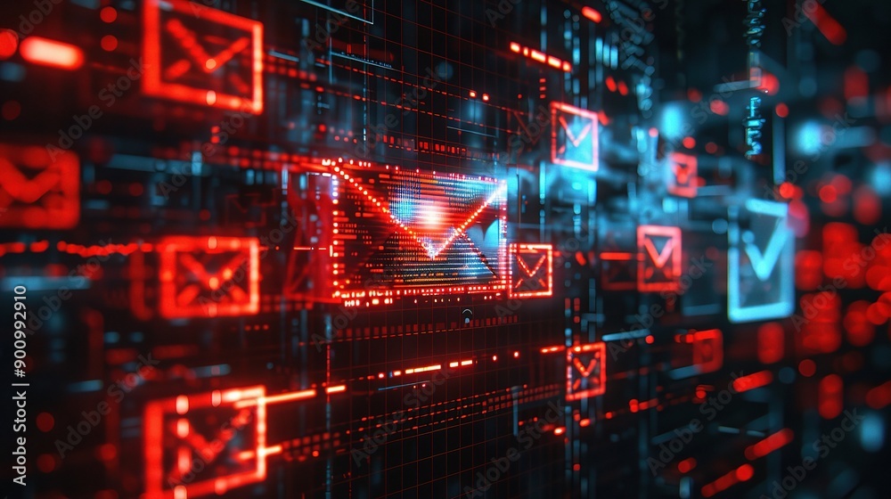 Poster phishing attack representation with a computer screen showing a suspicious email, warning signs