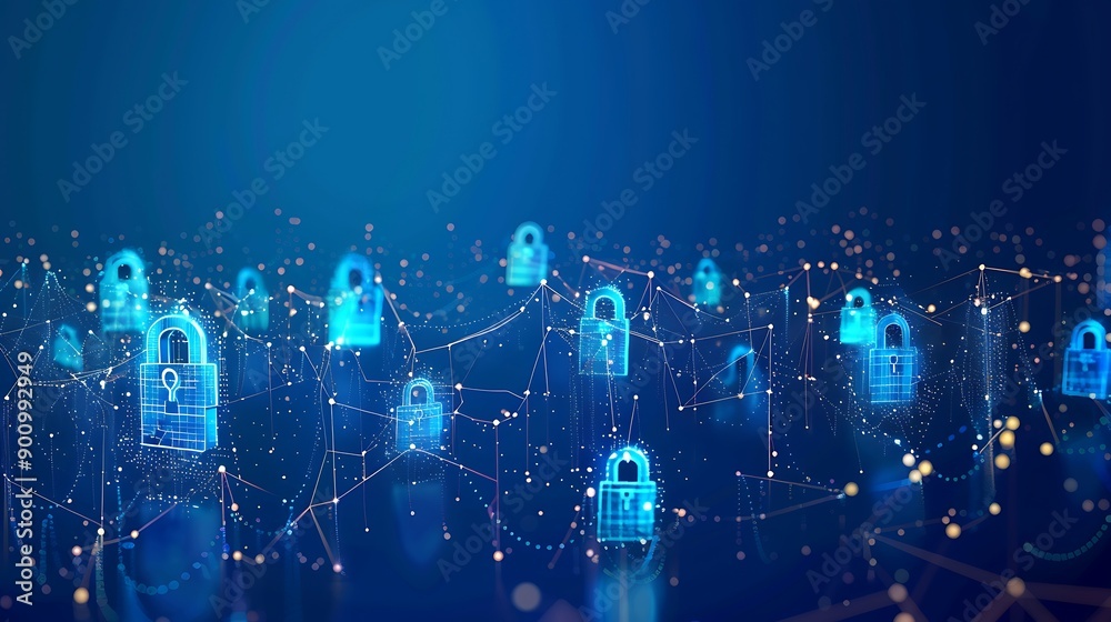 Poster abstract background with digital locks and a network of lines symbolizing cybersecurity and data pro